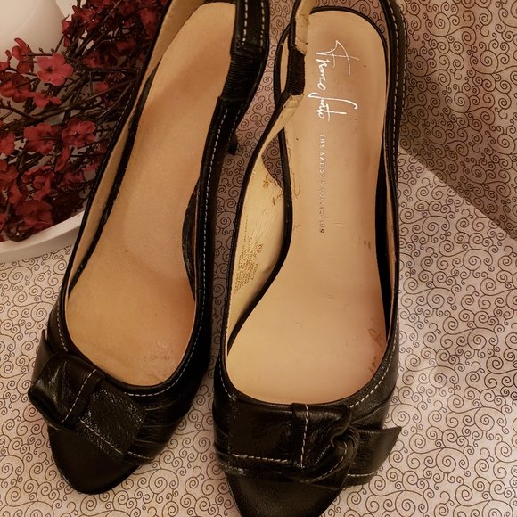 Franco Sarto Dark Navy Leather Sling Back Heels With Bow Toes  9 M - Picture 2 of 11